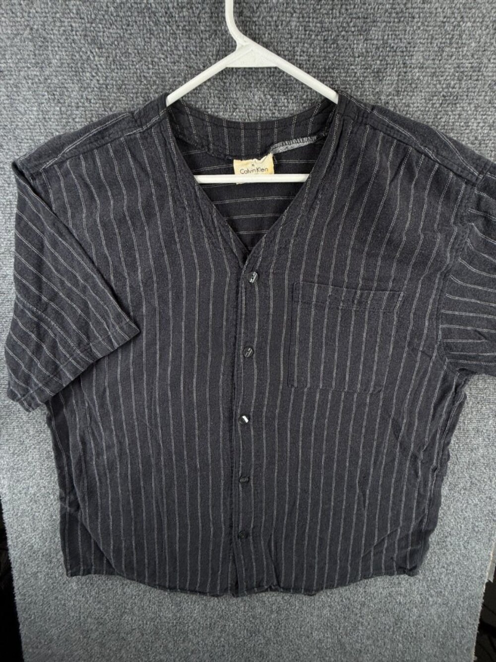 Calvin Klein Button Up Shirt Men Soft Short Sleeve Flannel Striped Navy Blue XL